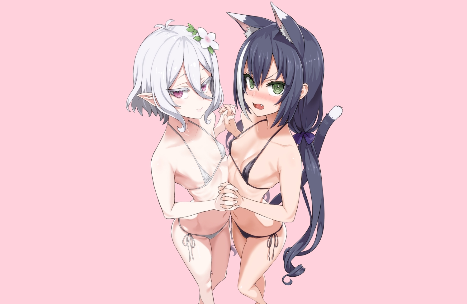2girls, animal_ears, asanagi, bikini, black_hair, blush, catgirl, fang, flat_chest, gray_hair, green_eyes, karyl, natsume_kokoro, navel, pink, pointed_ears, princess_connect!, purple_eyes, short_hair, swimsuit, tail, twintails