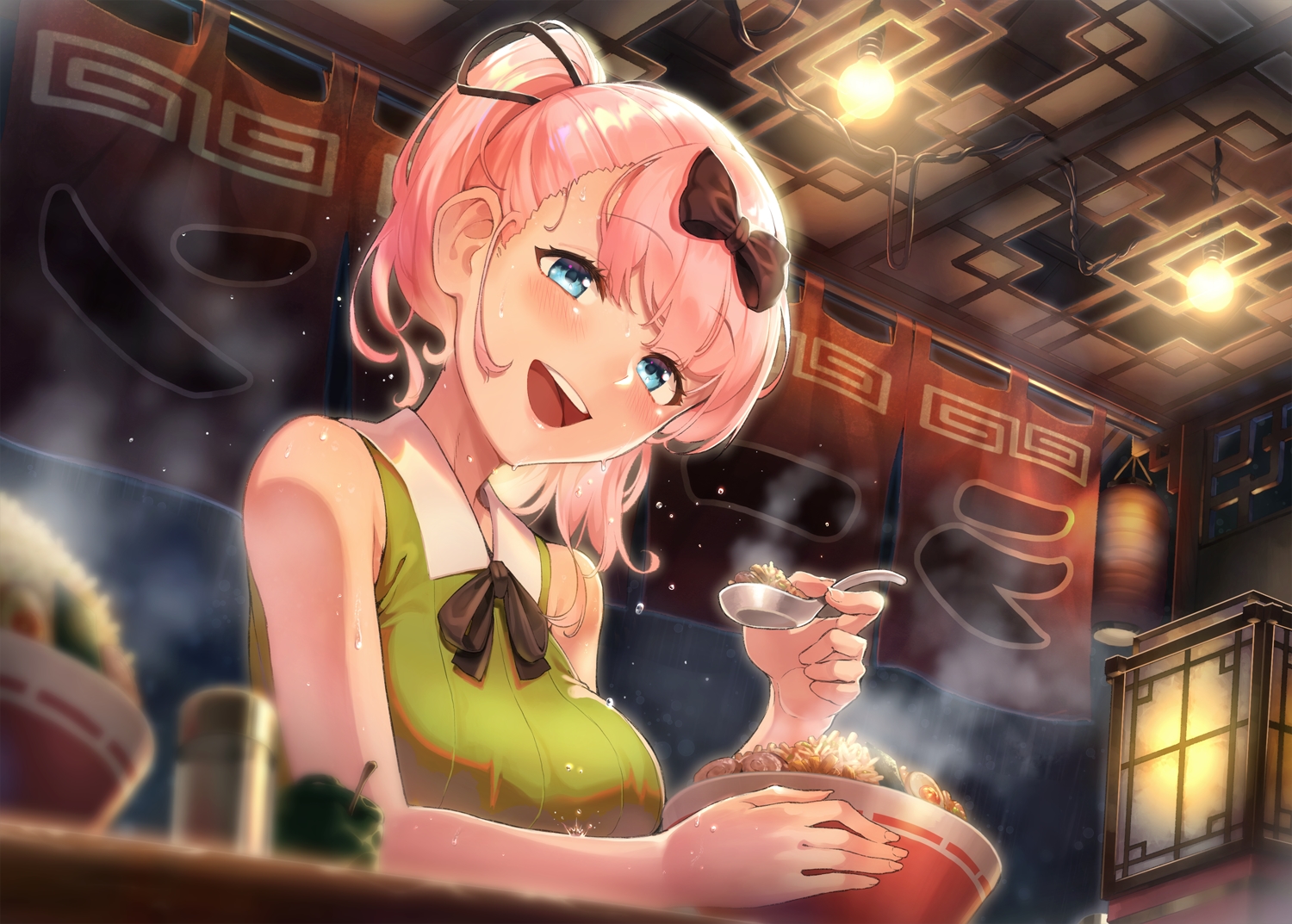 blue_eyes, blush, bow, breasts, e90vwggy, food, fujiwara_chika, kaguya-sama_wa_kokurasetai_~tensai-tachi_no_renai_zunousen~, night, pink_hair, ponytail