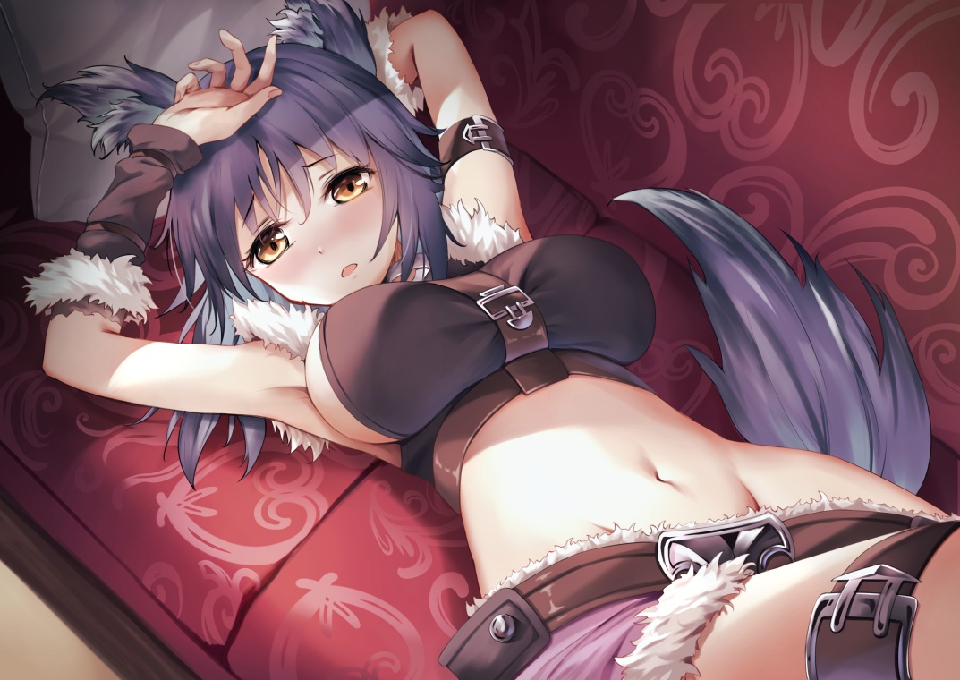 aki_makoto, animal_ears, aqua_eyes, blush, breasts, garter, gloves, navel, ouka_(ra-raradan), princess_connect!, purple_hair, shorts, sideboob, tail, wolfgirl