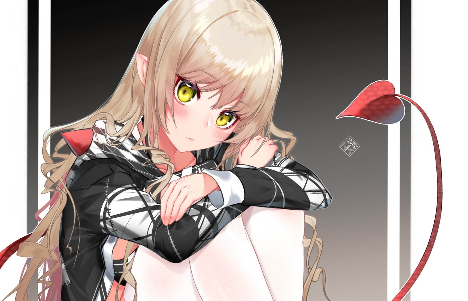 blush, brown_hair, close, long_hair, nonaginta_novem, original, pointed_ears, tail, thighhighs, watermark, yellow_eyes