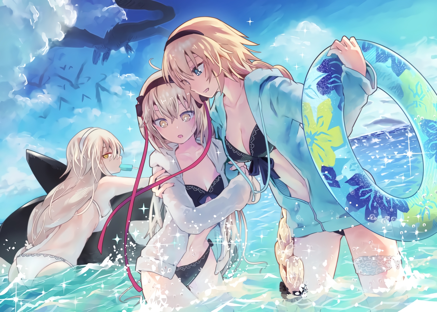 ass, bikini, blonde_hair, blue_eyes, braids, breasts, brown_eyes, brown_hair, cleavage, clouds, dragon, fate/grand_order, fate_(series), garter, headband, hood, inaeda_kei, jeanne_d'arc_alter, jeanne_d'arc_(fate), long_hair, marie_antoinette_(fate/grand_order), open_shirt, ponytail, sky, swim_ring, swimsuit, waifu2x, water, white_hair, yellow_eyes