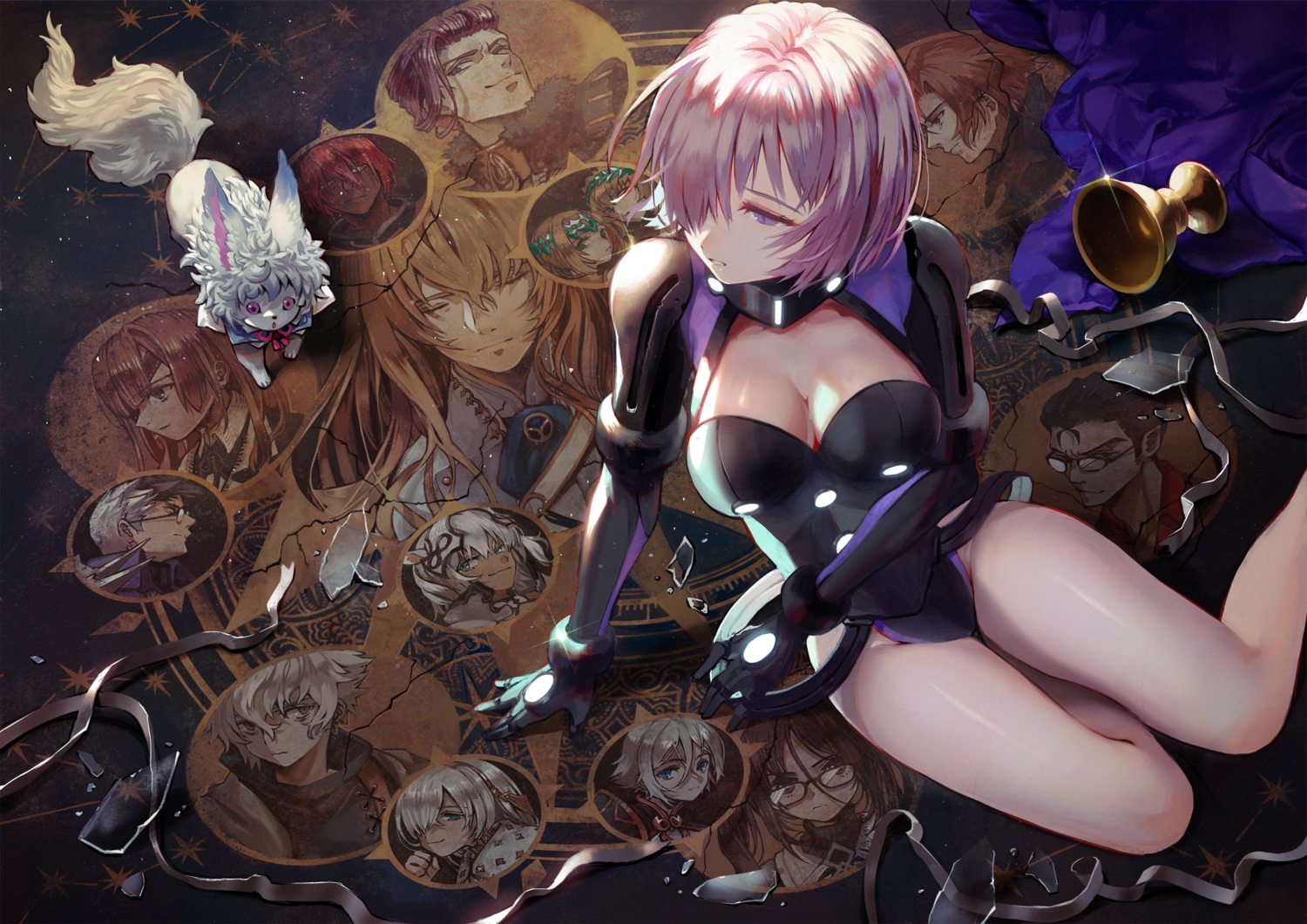 a_la_votre, anastasia_(fate/grand_order), black_hair, blonde_hair, bodysuit, breasts, brown_hair, caenis_(fate)