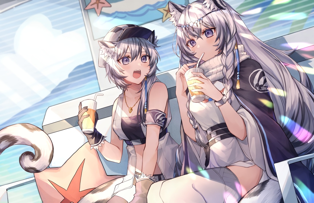 2girls, aliasing, animal_ears, arknights, blush, braids, catgirl, cliffheart_(arknights), drink, gloves, hat, koyukomu, long_hair, necklace, pramanix_(arknights), purple_eyes, tail, thighhighs, white_hair