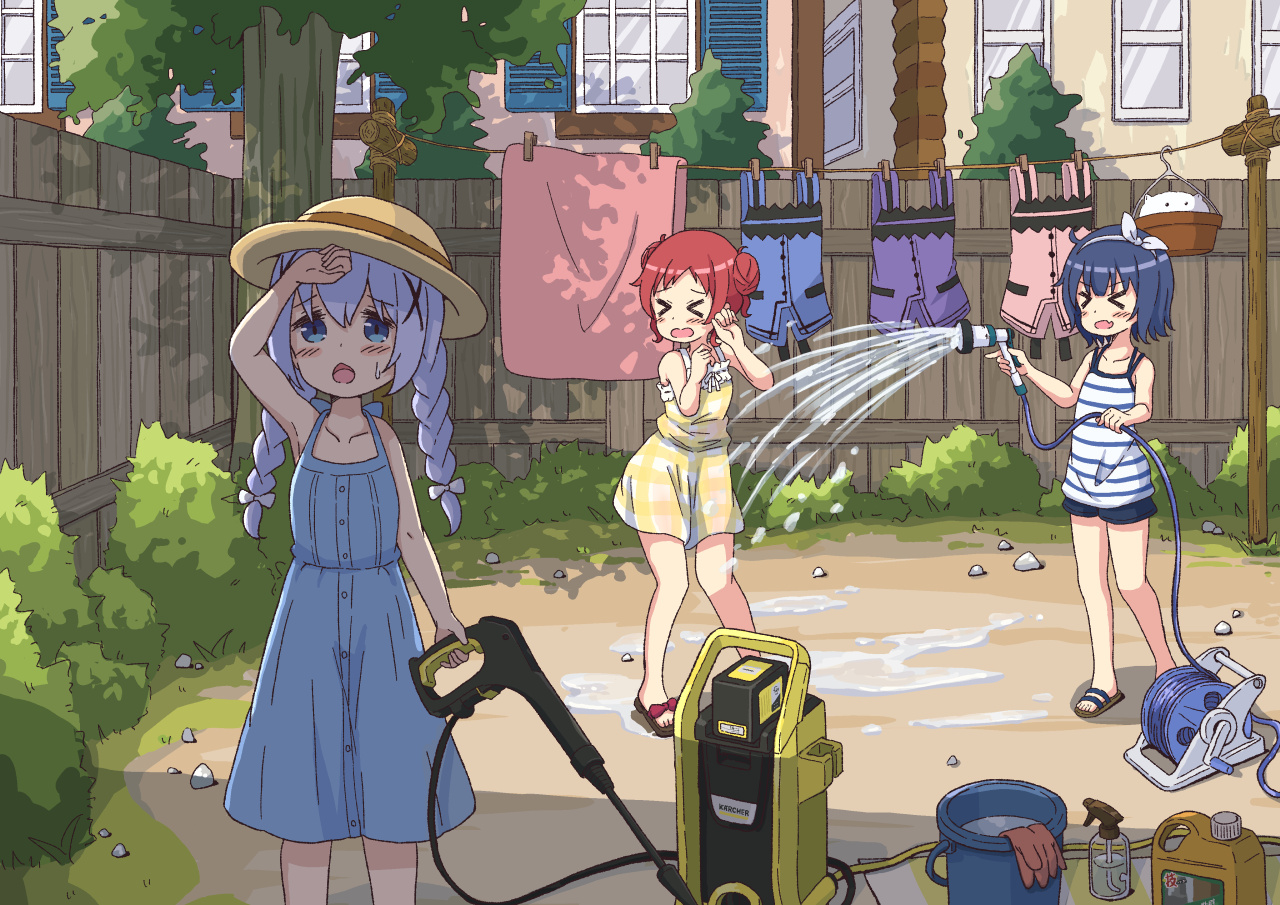 blue_eyes, blue_hair, dress, gochuumon_wa_usagi_desu_ka?, hat, jouga_maya, kafuu_chino, loli, mohei, natsu_megumi, orange_hair, purple_hair, tippy_(gochiusa), tree, twintails