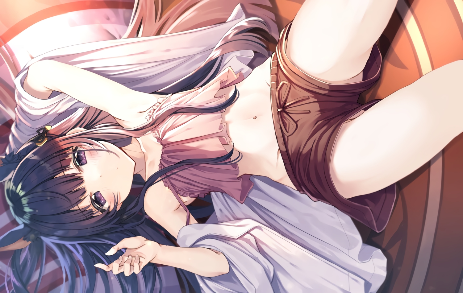 animal_ears, blush, doggirl, gurasion_(gurasion), kirihara_kasumi, long_hair, navel, open_shirt, princess_connect!, purple_eyes, purple_hair, shorts, waifu2x