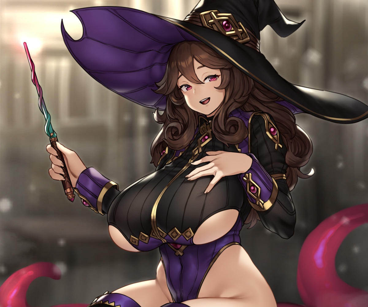 breast_hold, breasts, brown_hair, cropped, hat, houtengeki, leotard, long_hair