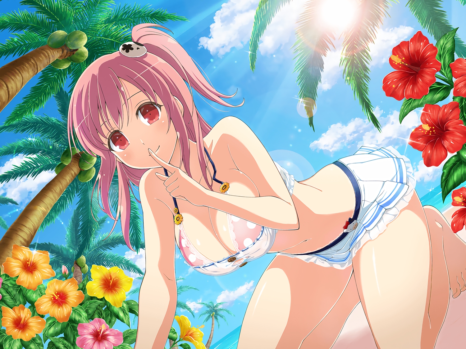 barefoot, beach, bikini, clouds, dead_or_alive_5, flowers, honoka_(doa), navel, pink_hair, ponytail, red_eyes, senran_kagura, sky, swimsuit, tree, yaegashi_nan