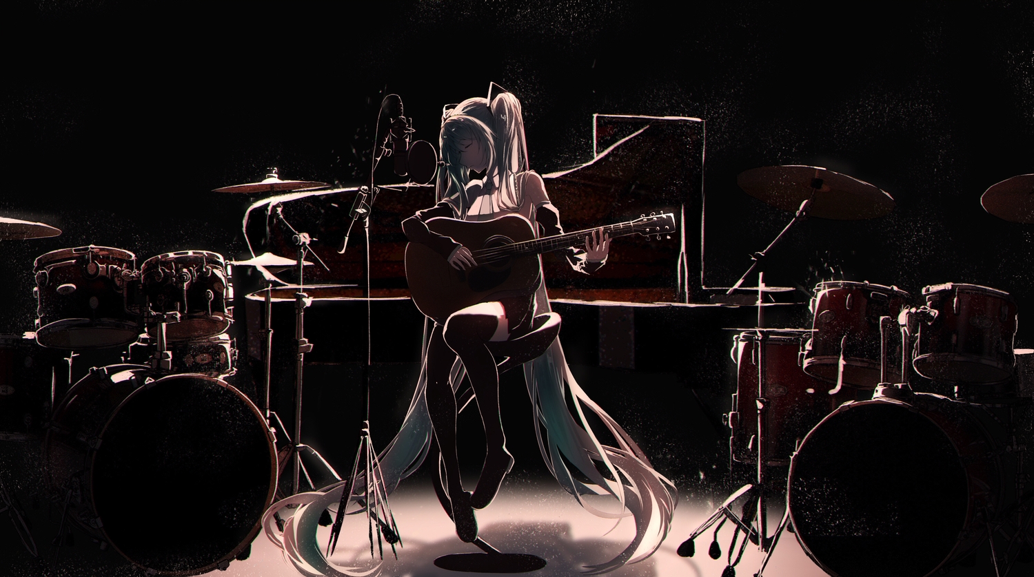 dark, green_hair, guitar, hatsune_miku, instrument, long_hair, microphone, polychromatic