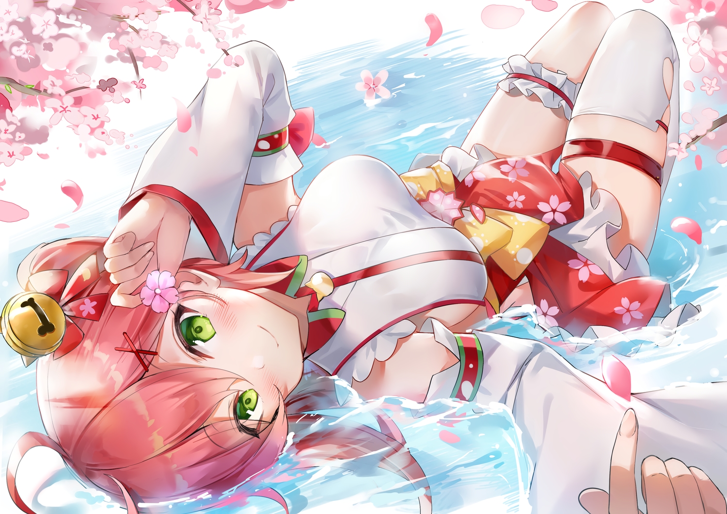 bell, blush, cherry_blossoms, flowers, garter, ginn_(hzh770121), green_eyes, hololive