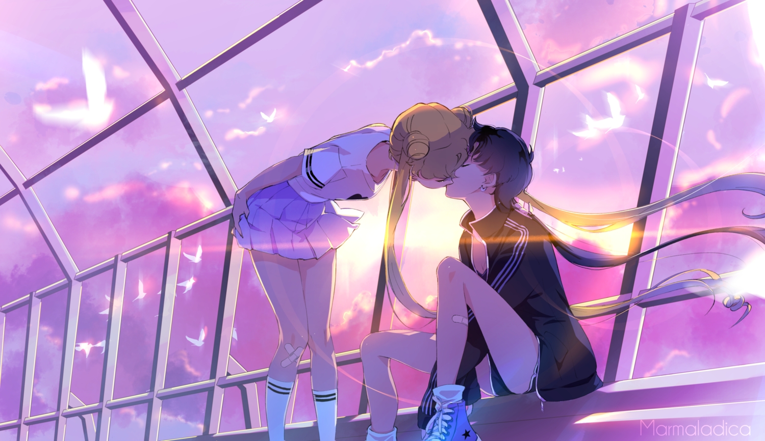 2girls, kou_seiya, marmalade_(elfless_vanilla), sailor_moon, shoujo_ai, sunset, tsukino_usagi, watermark
