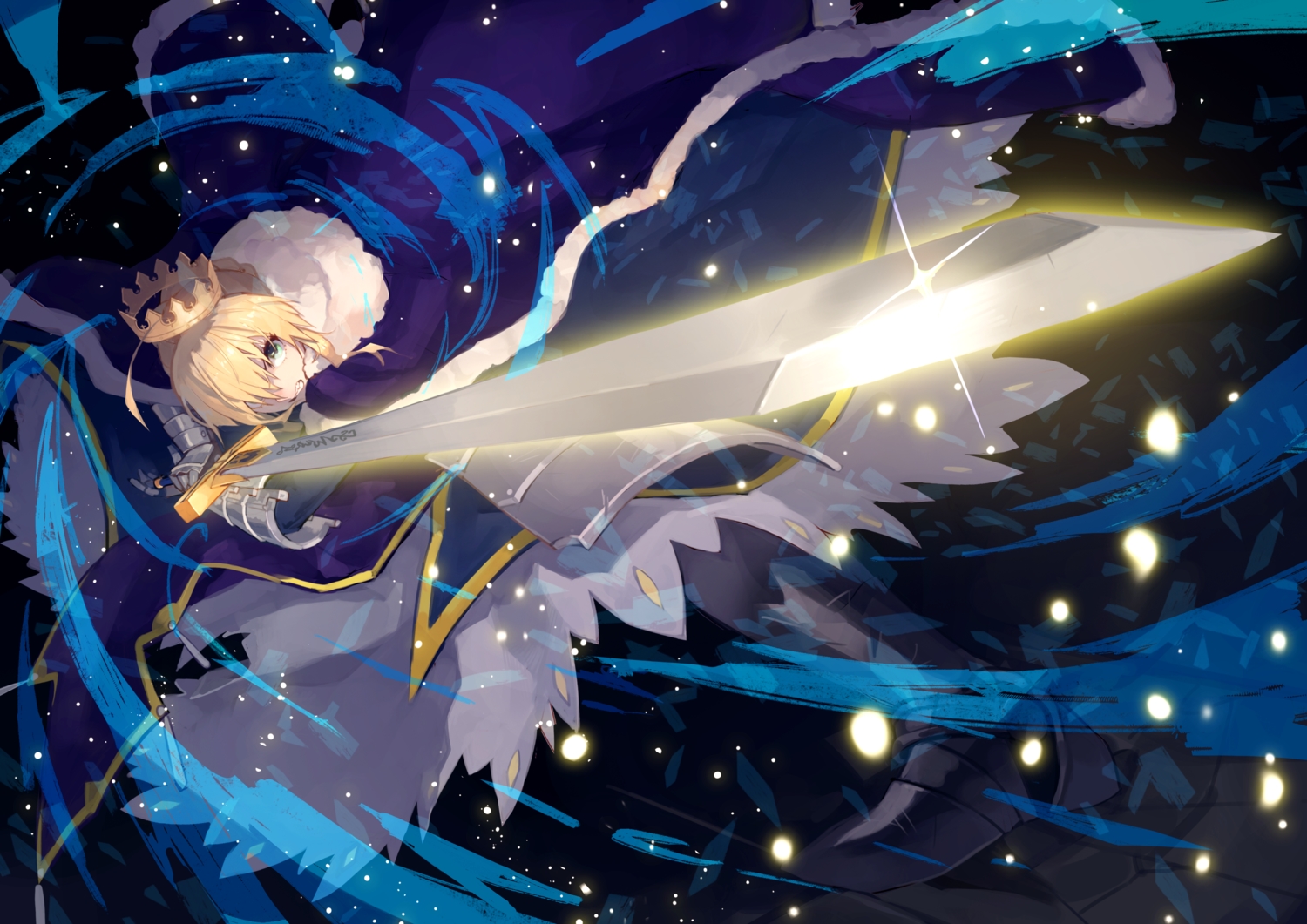 armor, artoria_pendragon_(all), blonde_hair, cape, crown, fate/grand_order, fate_(series), green_eyes, saber, short_hair, sword, uedrk_yamato, weapon