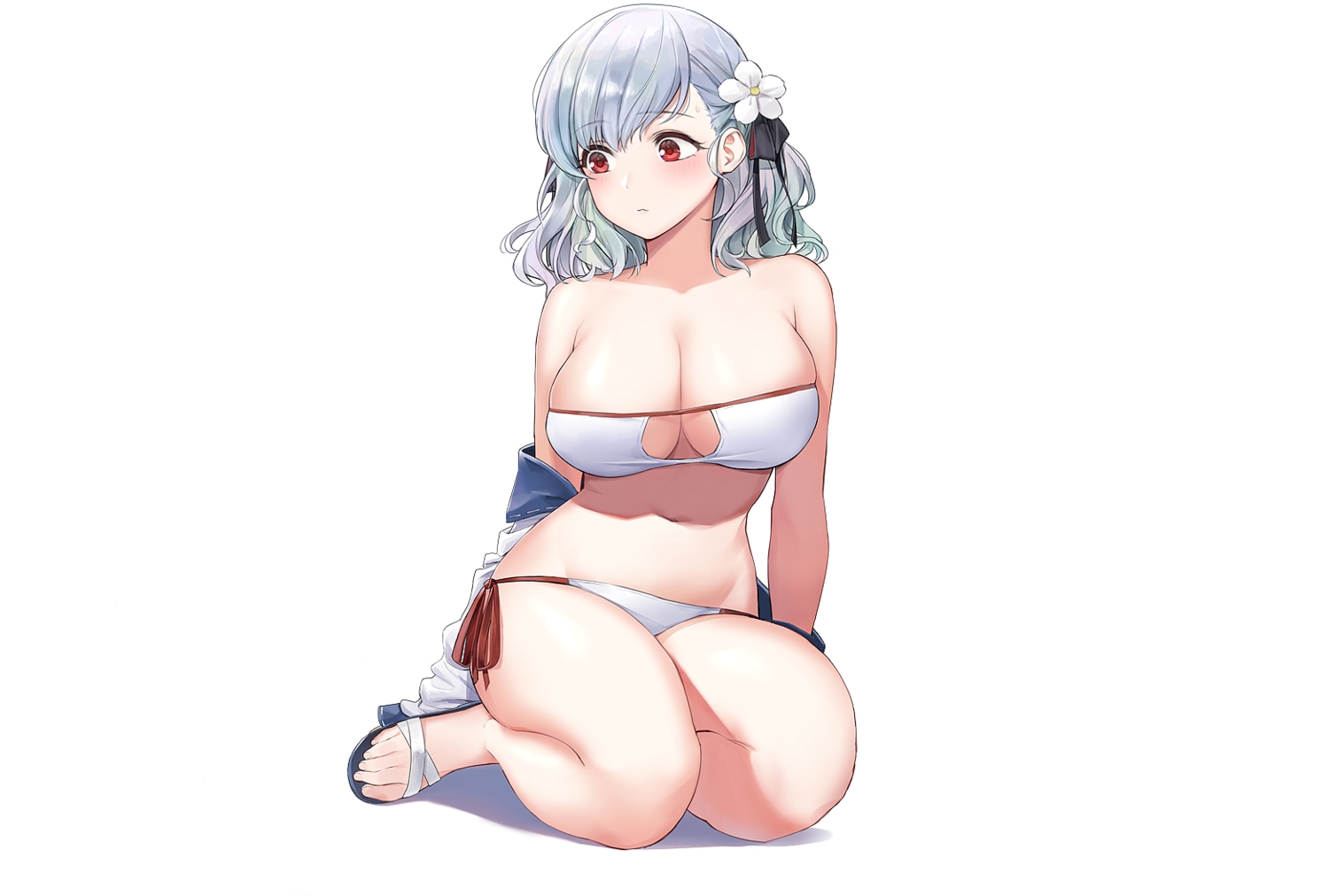 anthropomorphism, bikini, blush, breasts, cleavage, girls_frontline, gray_hair, hyury, red_eyes, short_hair, spas-12_(girls_frontline), swimsuit, third-party_edit, white