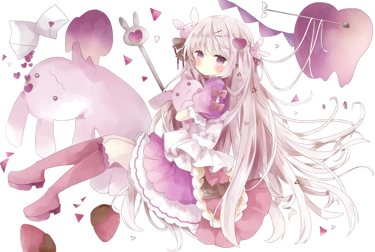 blush, bunny, dress, food, fruit, gray_hair, lolita_fashion, long_hair