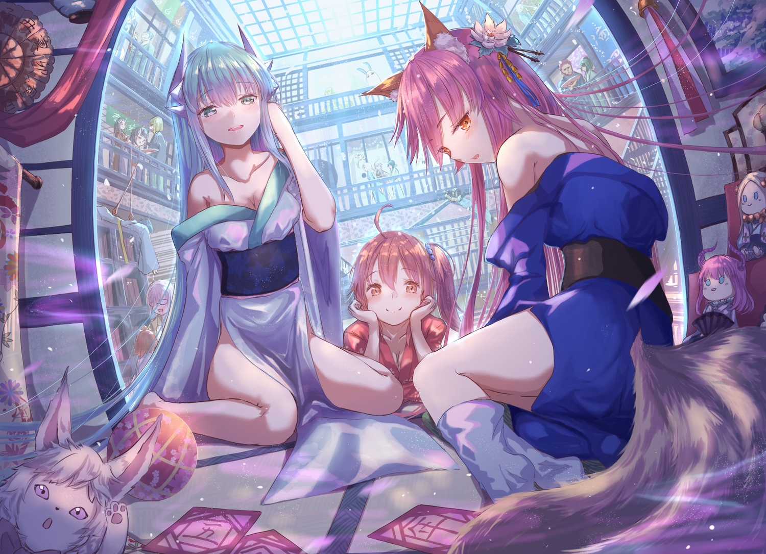 abigail_williams_(fate/grand_order), animal_ears, ball, blush, brown_eyes, brown_hair, demon, doll, elizabeth_bathory_(fate), fate/grand_order, fate_(series), fou_(fate/grand_order), foxgirl, glasses, green_eyes, green_hair, horns, japanese_clothes, kinom, kiyohime_(fate/grand_order), long_hair, mash_kyrielight, orange_eyes, pink_hair, ponytail, short_hair, shuten_douji_(fate), tagme_(character), tail, tamamo_no_mae_(fate)