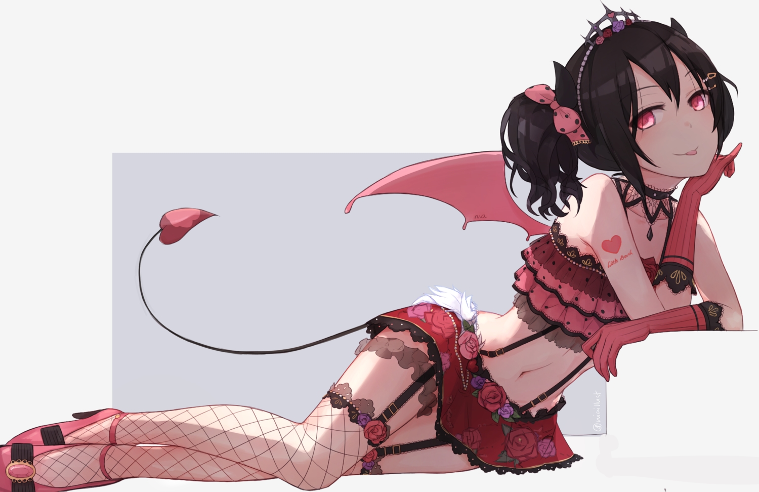 black_hair, bow, demon, elbow_gloves, garter_belt, gloves, horns, love_live!_school_idol_project, navel, niaillust, red_eyes, skirt, stockings, succubus, tail, tattoo, tiara, twintails, wings, yazawa_nico