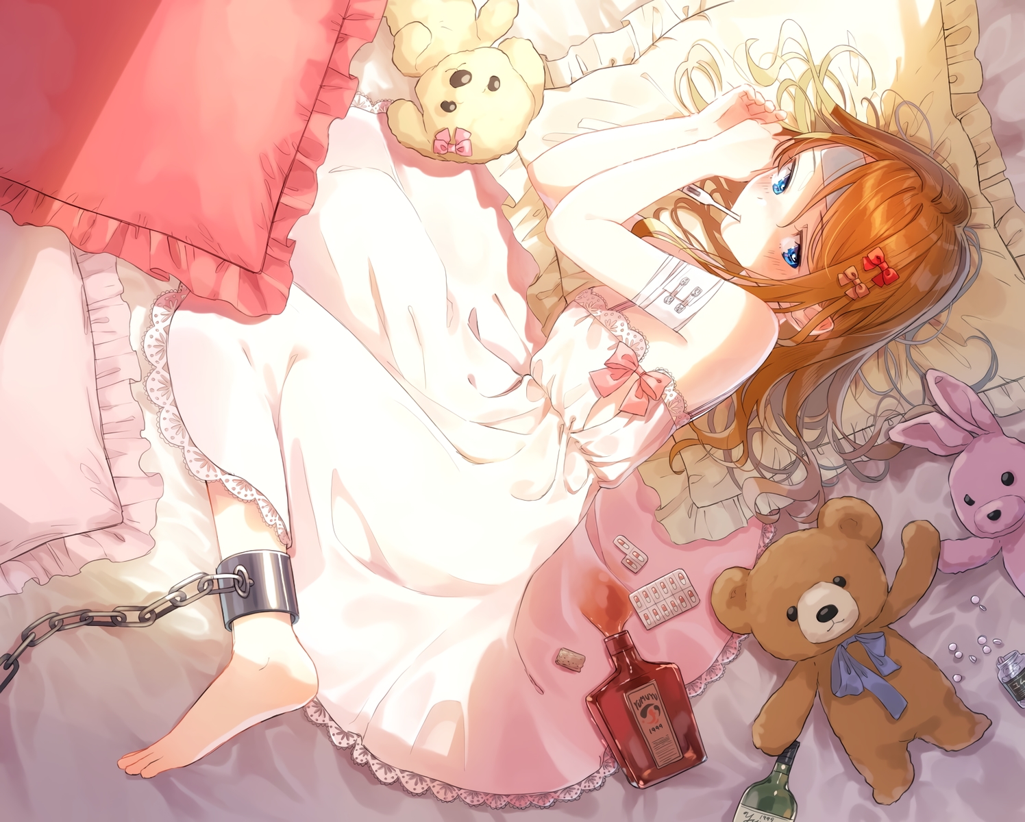 aqua_eyes, bandage, barefoot, bed, blush, bondage, bunny, dress, drink, hami_yura, long_hair, orange_hair, original, shackles, teddy_bear
