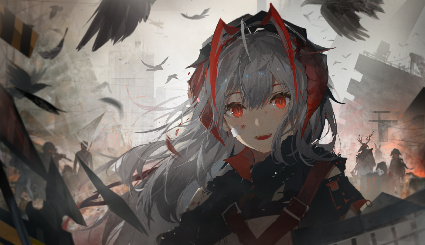 animal, arknights, bird, crownslayer_(arknights), frostnova_(arknights), horns, patriot_(arknights), red_eyes, w_(arknights), weapon, zzz_(orchid-dale)