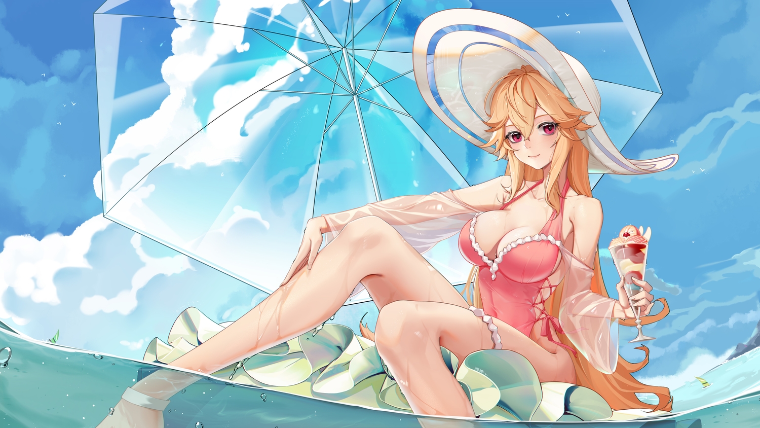 anthropomorphism, azur_lane, breasts, cleavage, garter, haimian-v-, long_hair, richelieu_(azur_lane), see_through, swimsuit, watermark, wet