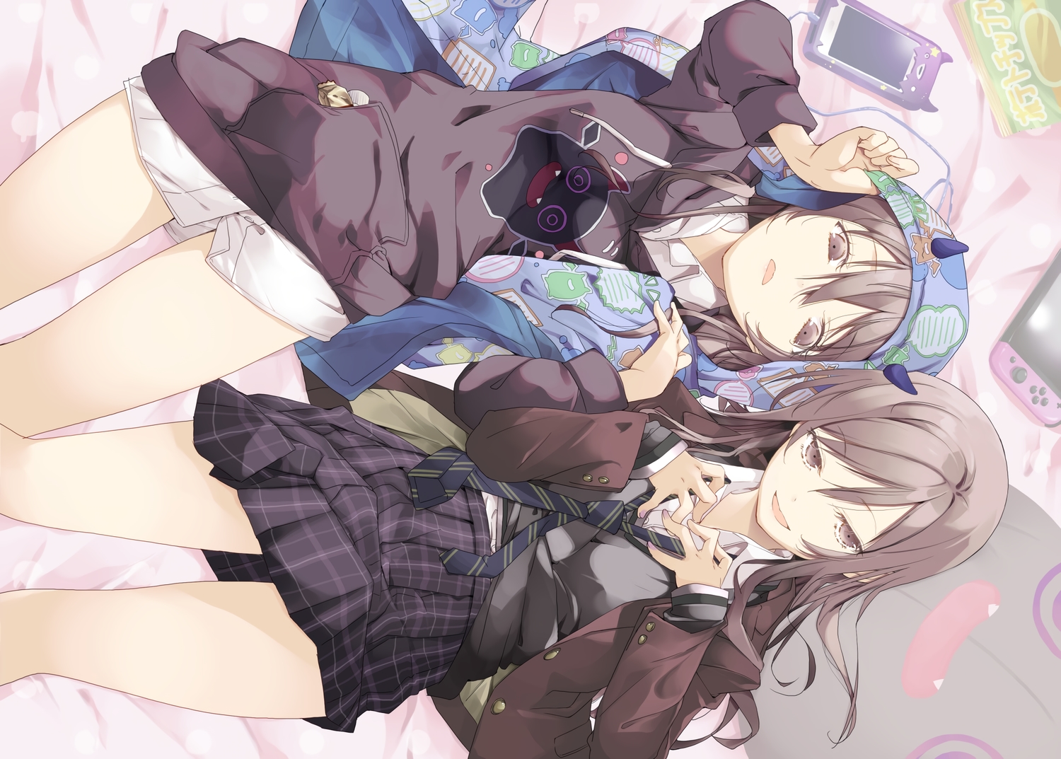 2girls, brown_eyes, brown_hair, game_console, hood, horns, idolmaster, idolmaster_shiny_colors