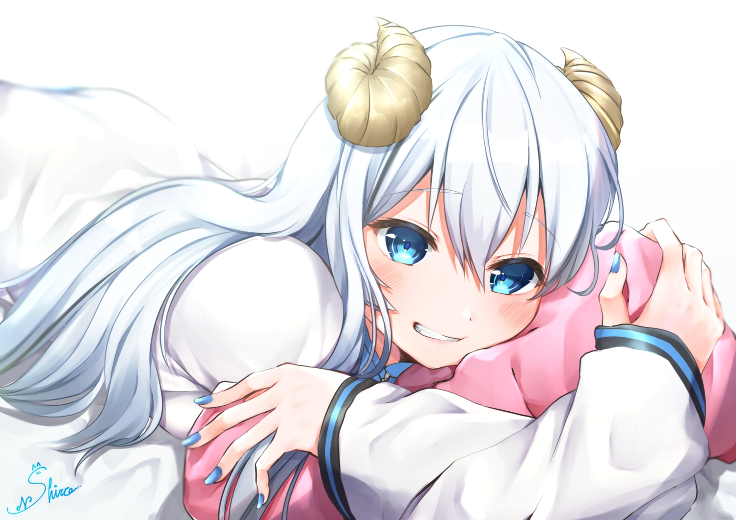 aqua_eyes, blush, long_hair, nagura_shiro, original, signed, white_hair