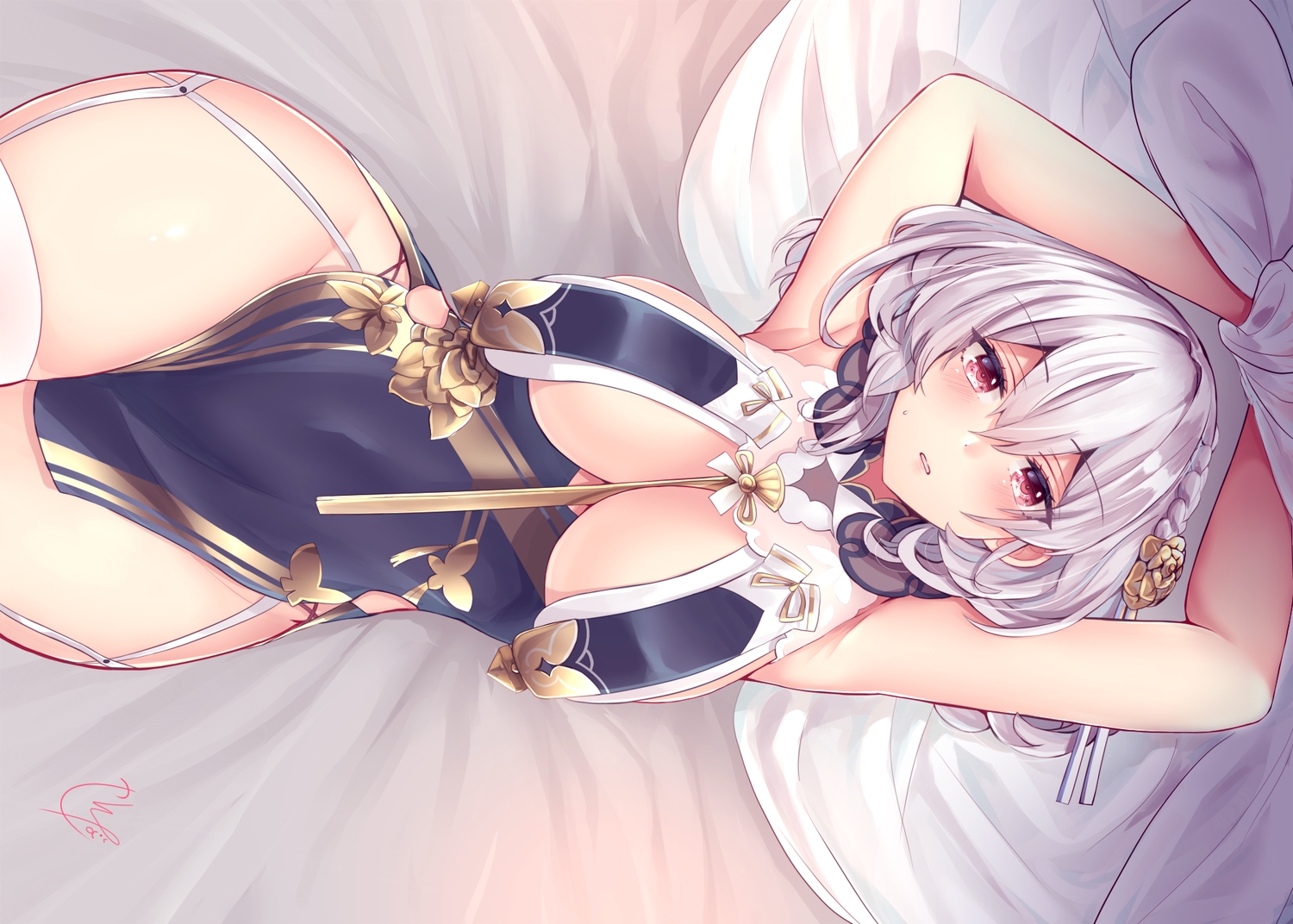 anthropomorphism, azur_lane, blush, braids, breasts, chinese_clothes, chinese_dress, dress, garter_belt, gray_hair, narushima_kanna, no_bra, red_eyes, short_hair, signed, sirius_(azur_lane), stockings