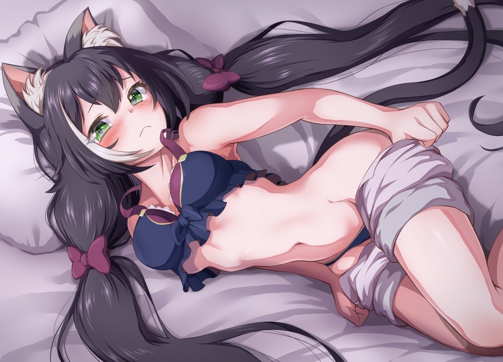 aliasing, animal_ears, bikini, black_hair, blush, catgirl, green_eyes, karyl, long_hair, princess_connect!, shorts, swimsuit, tail, twintails, undressing, urayama_(backmountain)