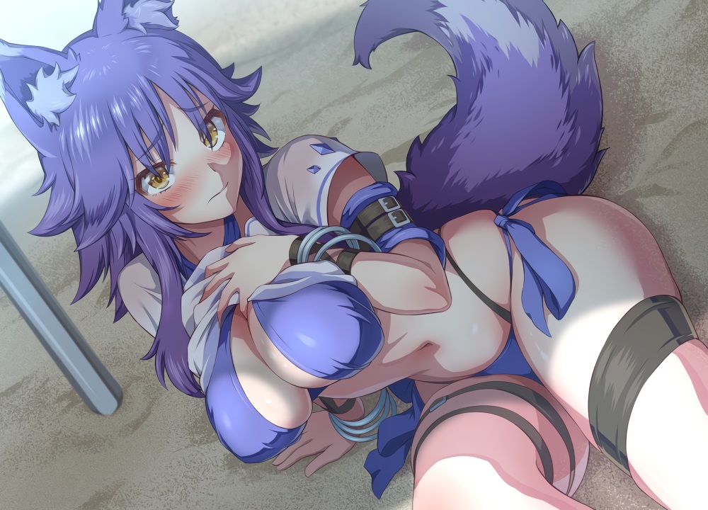 aki_makoto, aliasing, animal_ears, beach, bikini, blush, breast_hold, breasts