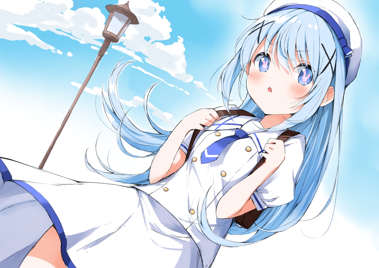 aqua_hair, blue_eyes, blush, clouds, gochuumon_wa_usagi_desu_ka?, hat, kafuu_chino, loli, long_hair, school_uniform, sketch, skirt, sky, yanagi_marie