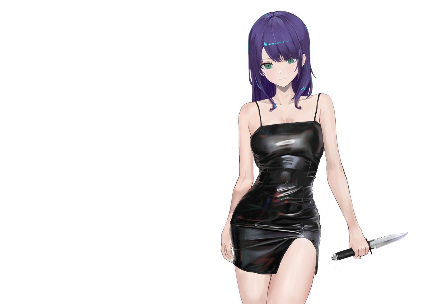 blue_hair, dress, green_eyes, knife, long_hair, original, ritta_(abmnoworld), weapon, white