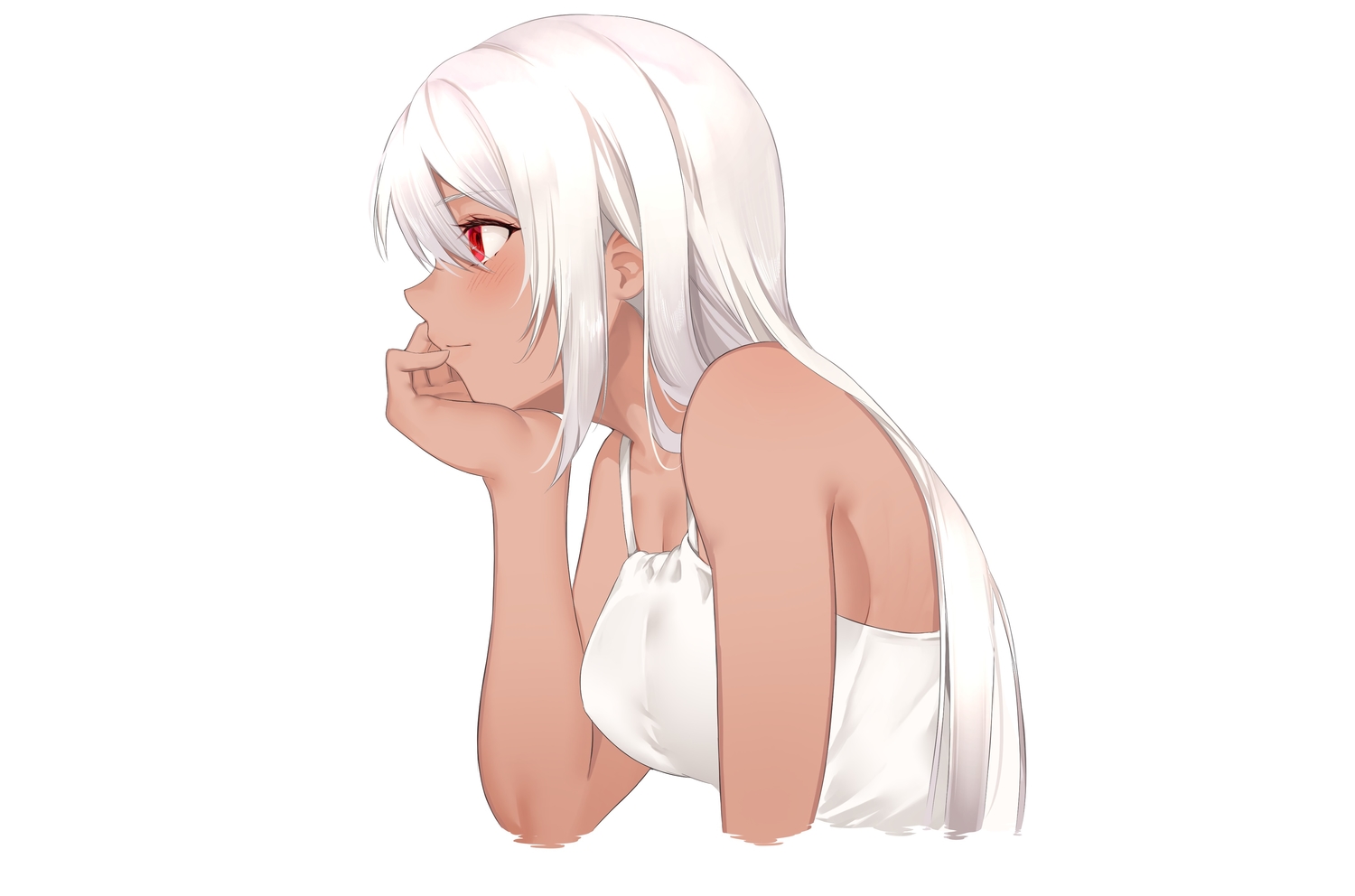 aliasing, blush, breasts, dark_skin, dress, gray_hair, long_hair, original