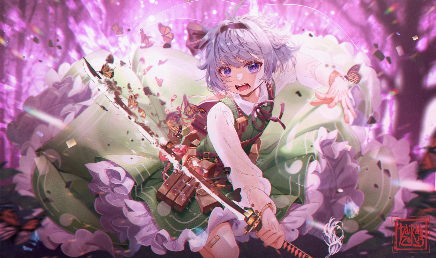 butterfly, daikazoku63, katana, konpaku_youmu, short_hair, signed, sword, touhou, weapon