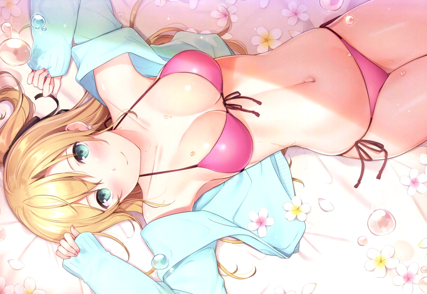6u_(eternal_land), aqua_eyes, bikini, blonde_hair, blush, breasts, long_hair, navel