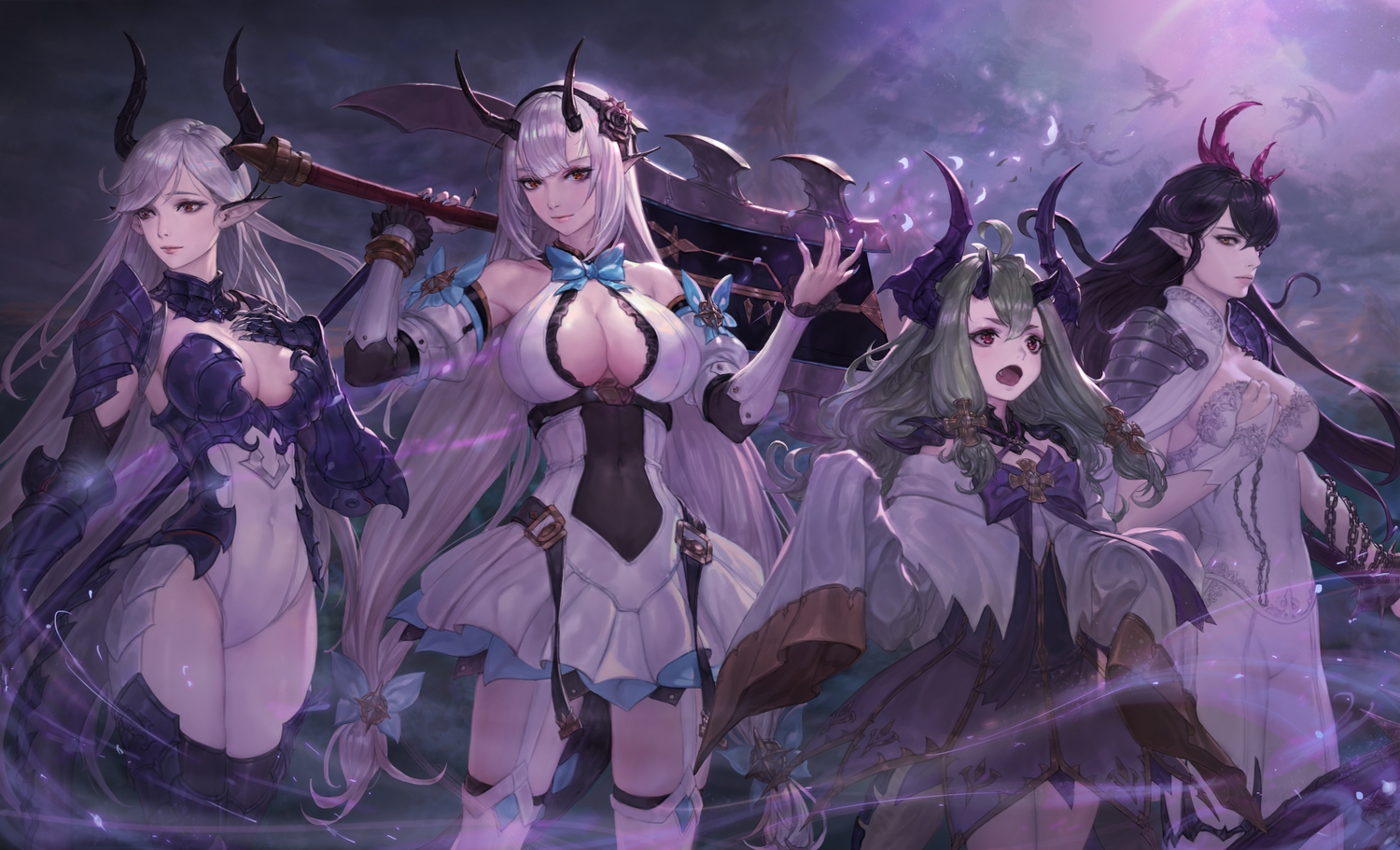 alencia_(epic7), black_hair, bodysuit, breasts, cleavage, clouds, dragon, dress, epic7, fallen_cecilia_(epic7), green_hair, horns, leotard, loli, long_hair, luna_(epic7), pointed_ears, red_eyes, sky, tail, tfrdes1000, thighhighs, twintails, weapon, white_hair, yufine_(epic7)