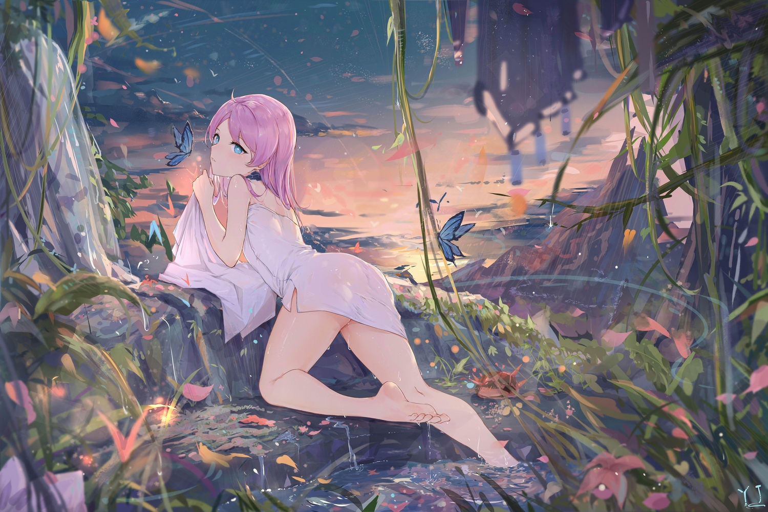 arknights, barefoot, blue_eyes, blue_poison_(arknights), blush, butterfly, clouds, flowers, purple_hair, signed, sky, towel, water, wet, yajuu