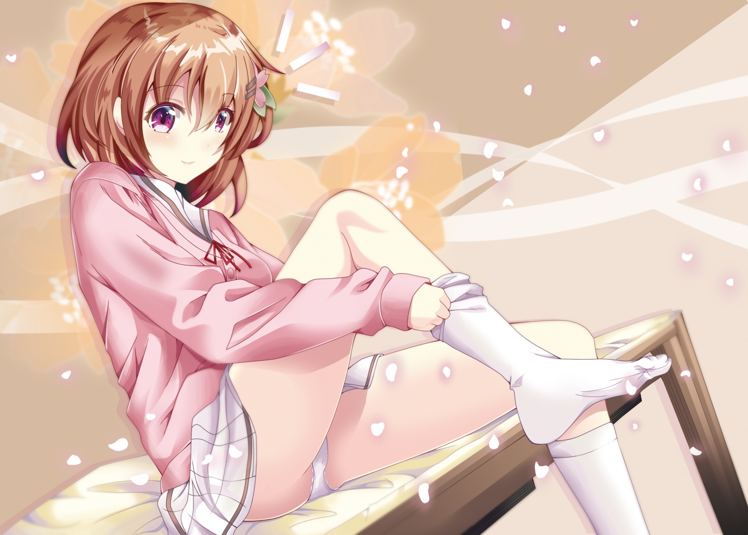 blush, brown_hair, cherry_blossoms, dressing, flowers, gochuumon_wa_usagi_desu_ka?, hoto_cocoa, kneehighs