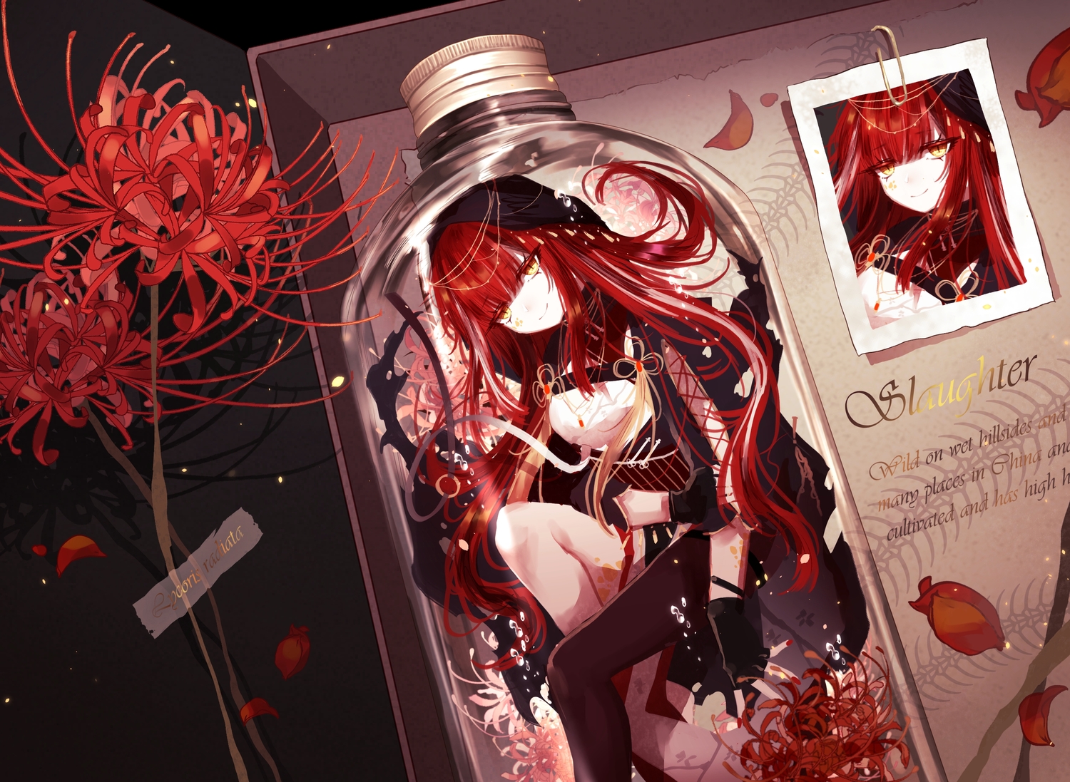 flowers, gloves, japanese_clothes, long_hair, necklace, original, red_hair, takano_jiyuu, thighhighs, yellow_eyes