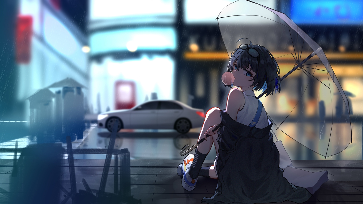 glasses, honkai_impact, honkai_(series), jpeg_artifacts, kuo_(kuo114514), rain, seele_vollerei, short_hair, umbrella, water