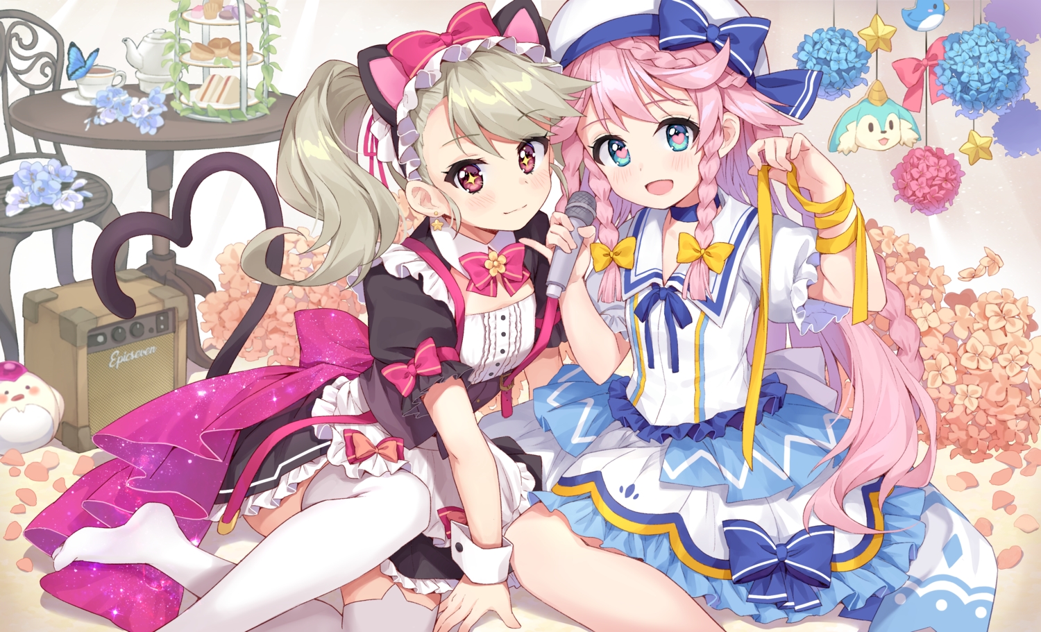 2girls, angelica_angelus, animal_ears, aqua_eyes, blush, bow, braids, butterfly