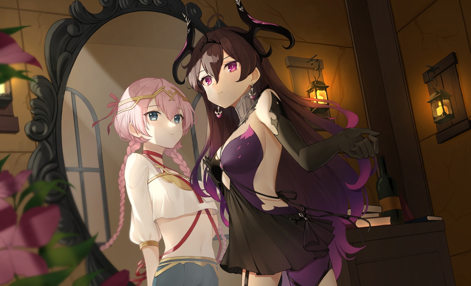2girls, acco_(sh_in), blue_eyes, book, braids, brown_hair, elbow_gloves, epic7