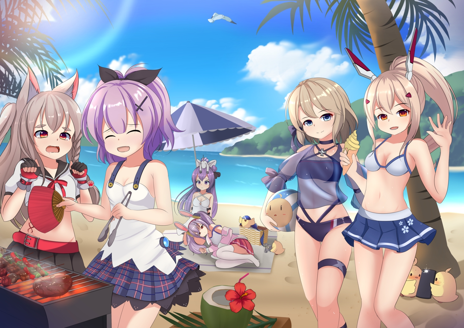animal_ears, anthropomorphism, ayanami_(azur_lane), azur_lane, beach, bikini, breasts, cleavage