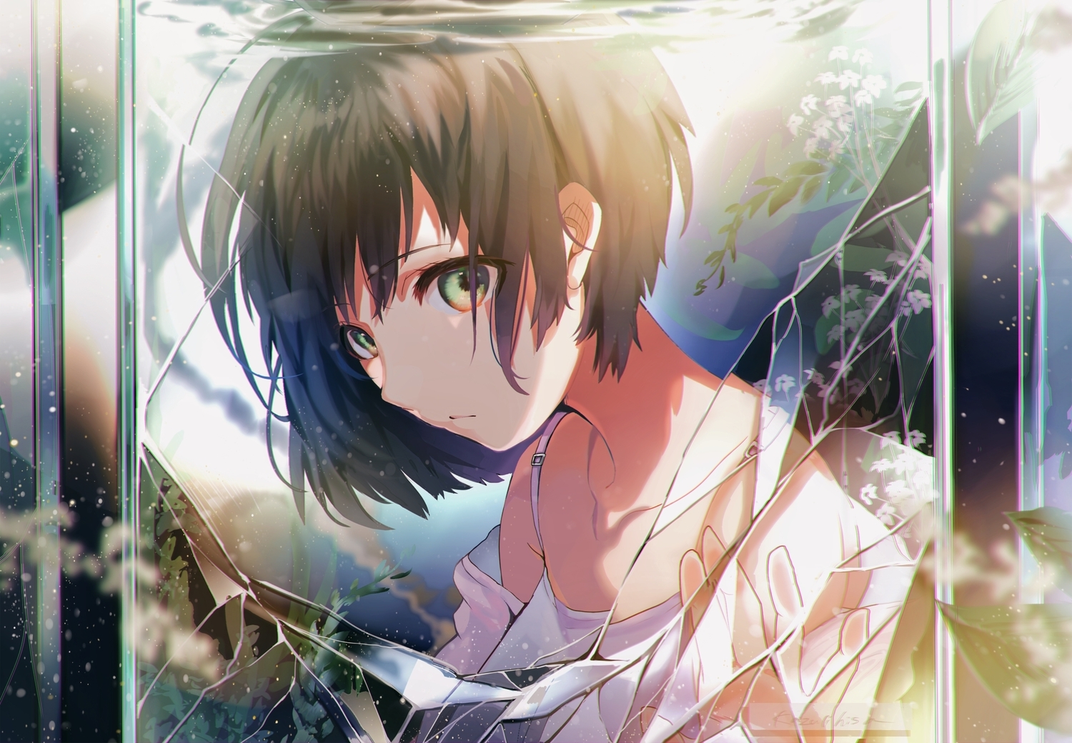 brown_hair, close, green_eyes, hisao_0111, original, short_hair, underwater, water