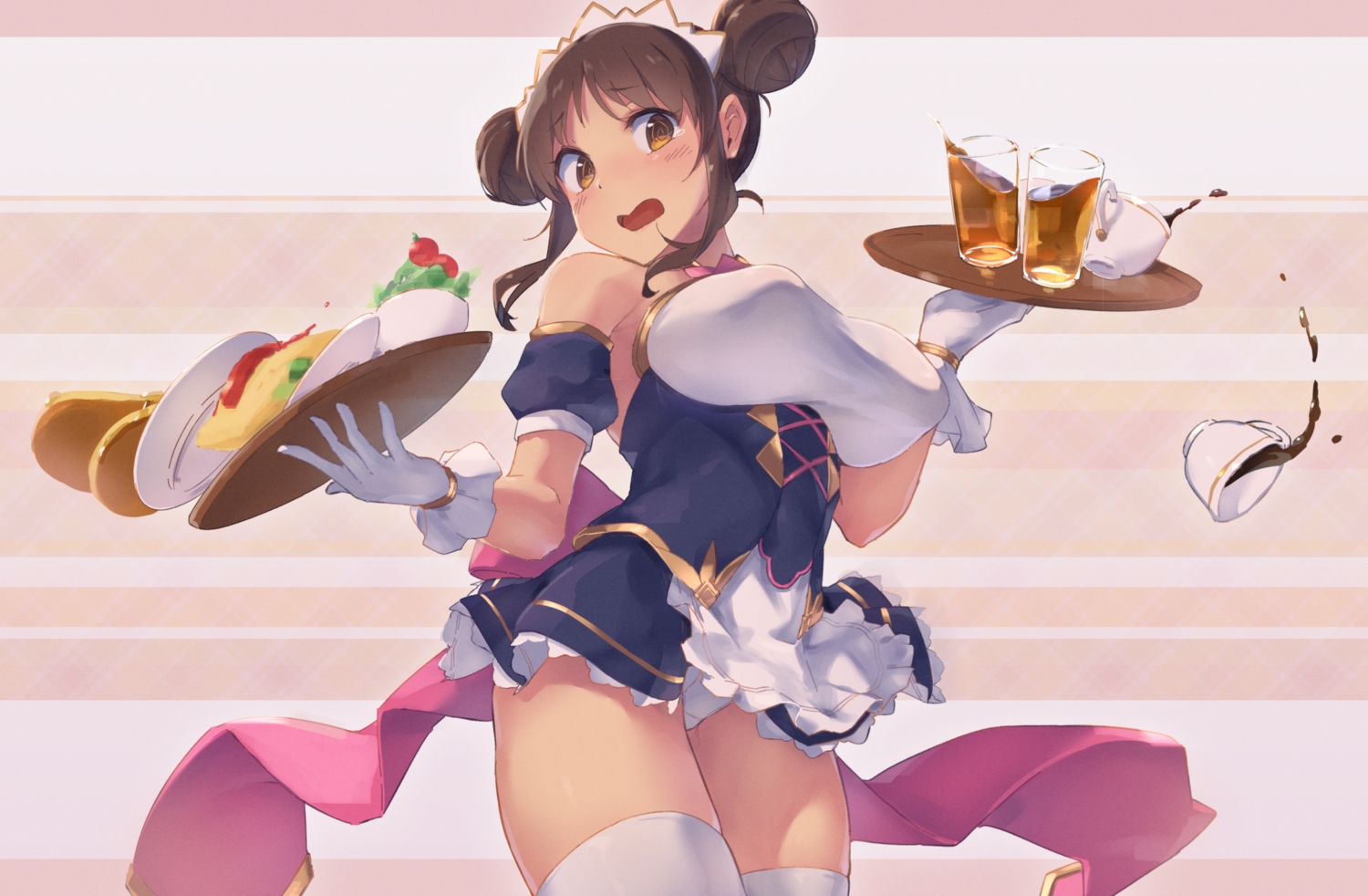 amano_suzume, blush, brown_eyes, brown_hair, drink, food, gloves, nitro_(mugityaoisii), panties, princess_connect!, thighhighs, underwear