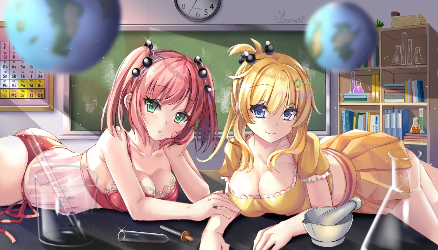 2girls, ass, blonde_hair, blue_eyes, blush, book, breasts, cat_smile, cleavage, green_eyes, orendi_laran, original, red_hair, signed, skirt, twintails