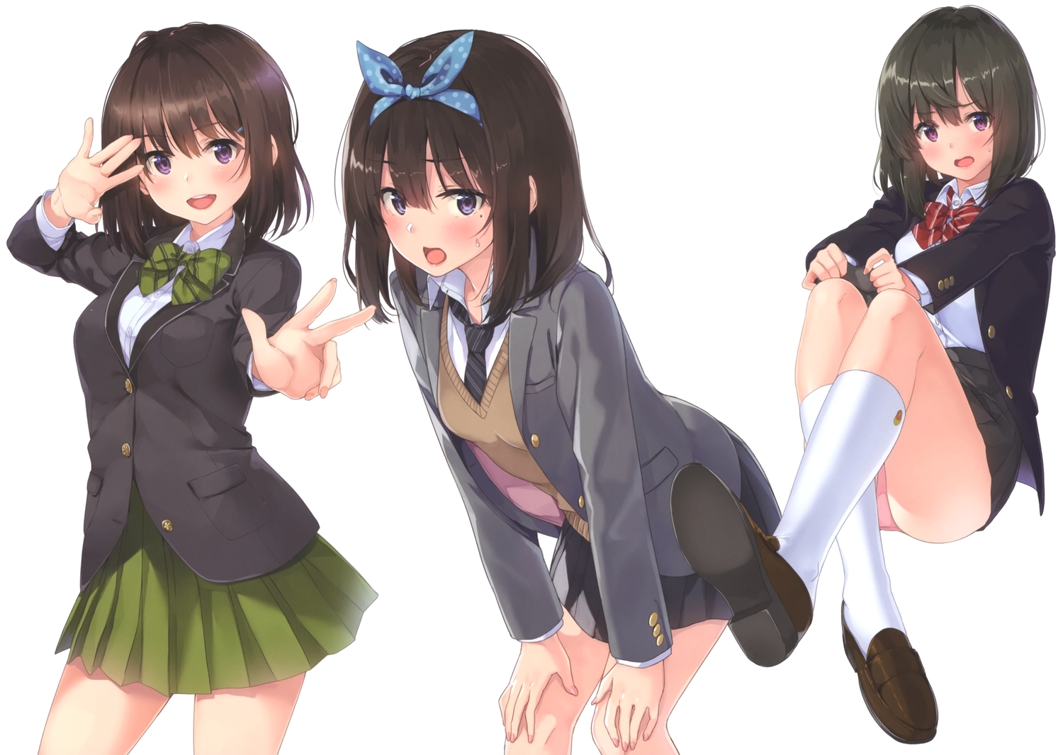 black_hair, bow, brown_hair, headband, kneehighs, original, purple_eyes, scan