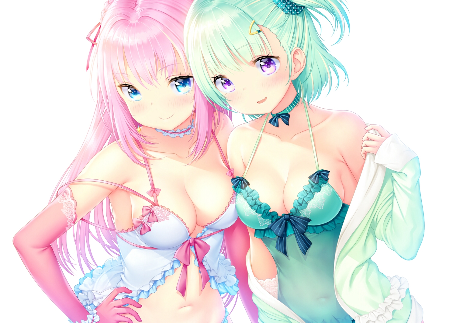 2girls, aqua_eyes, blush, breasts, cleavage, elbow_gloves, fang, gloves