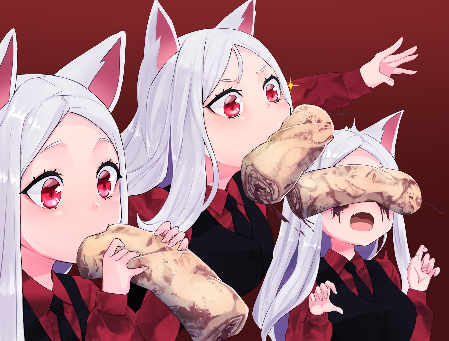 animal_ears, cerberus_(helltaker), chocolate, demon, doggirl, fang, food, helltaker, long_hair, minggoo, red, red_eyes, suit, tie, white_hair