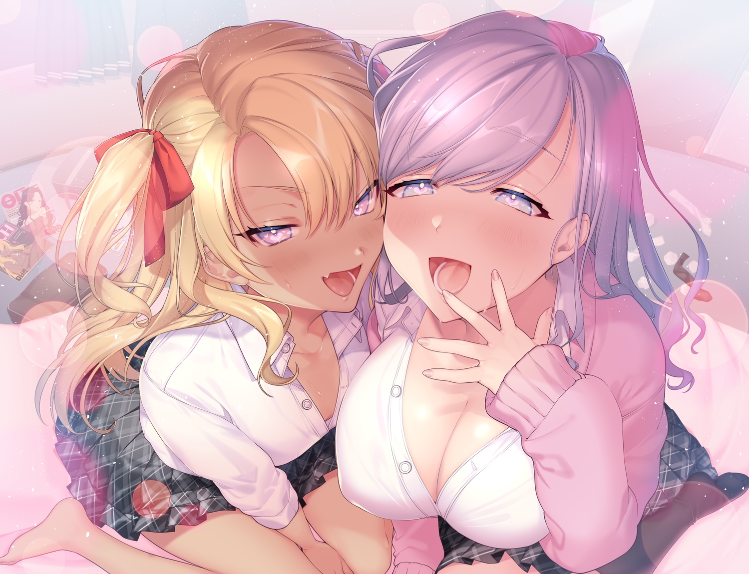 2girls, blonde_hair, blush, breasts, cleavage, dark_skin, fang, kneehighs, original, purple_eyes, purple_hair, school_uniform, skirt, sourenkio