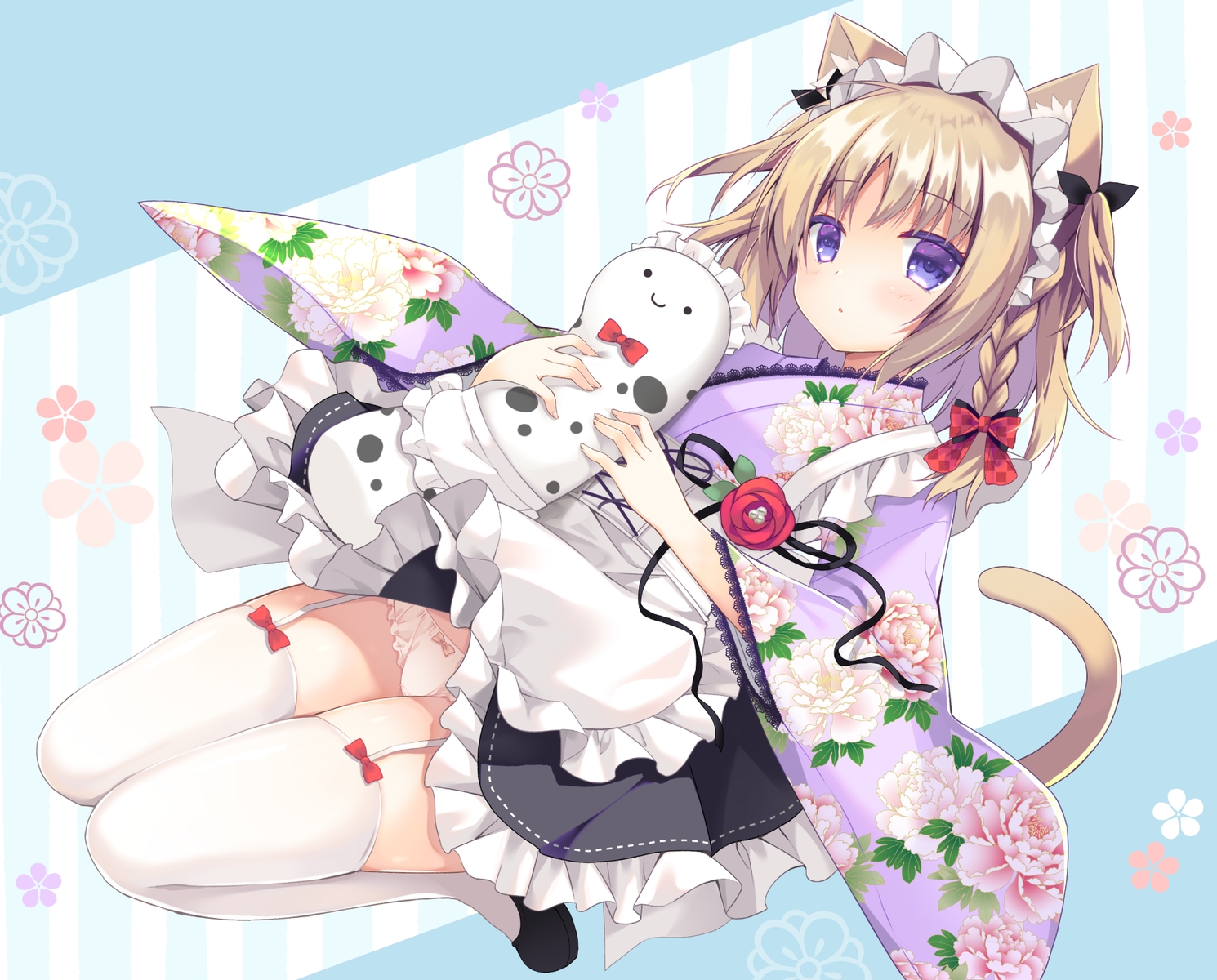 animal_ears, apron, blush, braids, brown_hair, catgirl, garter_belt, headdress