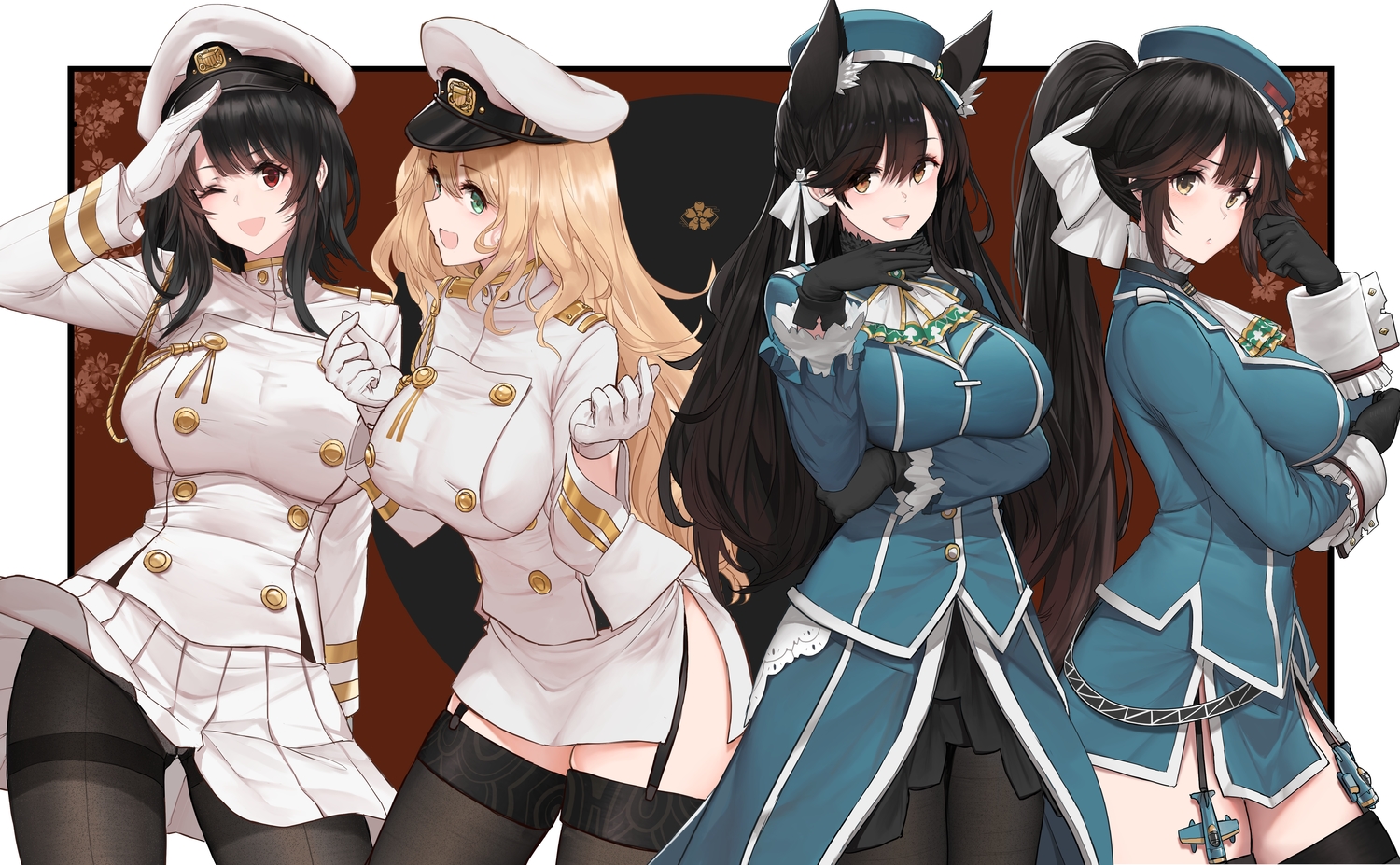 animal_ears, anthropomorphism, atago_(azur_lane), atago_(kancolle), azur_lane, black_hair, blonde_hair, breasts, brown_eyes, cosplay, crossover, dishwasher1910, garter_belt, gloves, green_eyes, kantai_collection, long_hair, pantyhose, ponytail, red_eyes, takao_(azur_lane), takao_(kancolle), thighhighs, uniform