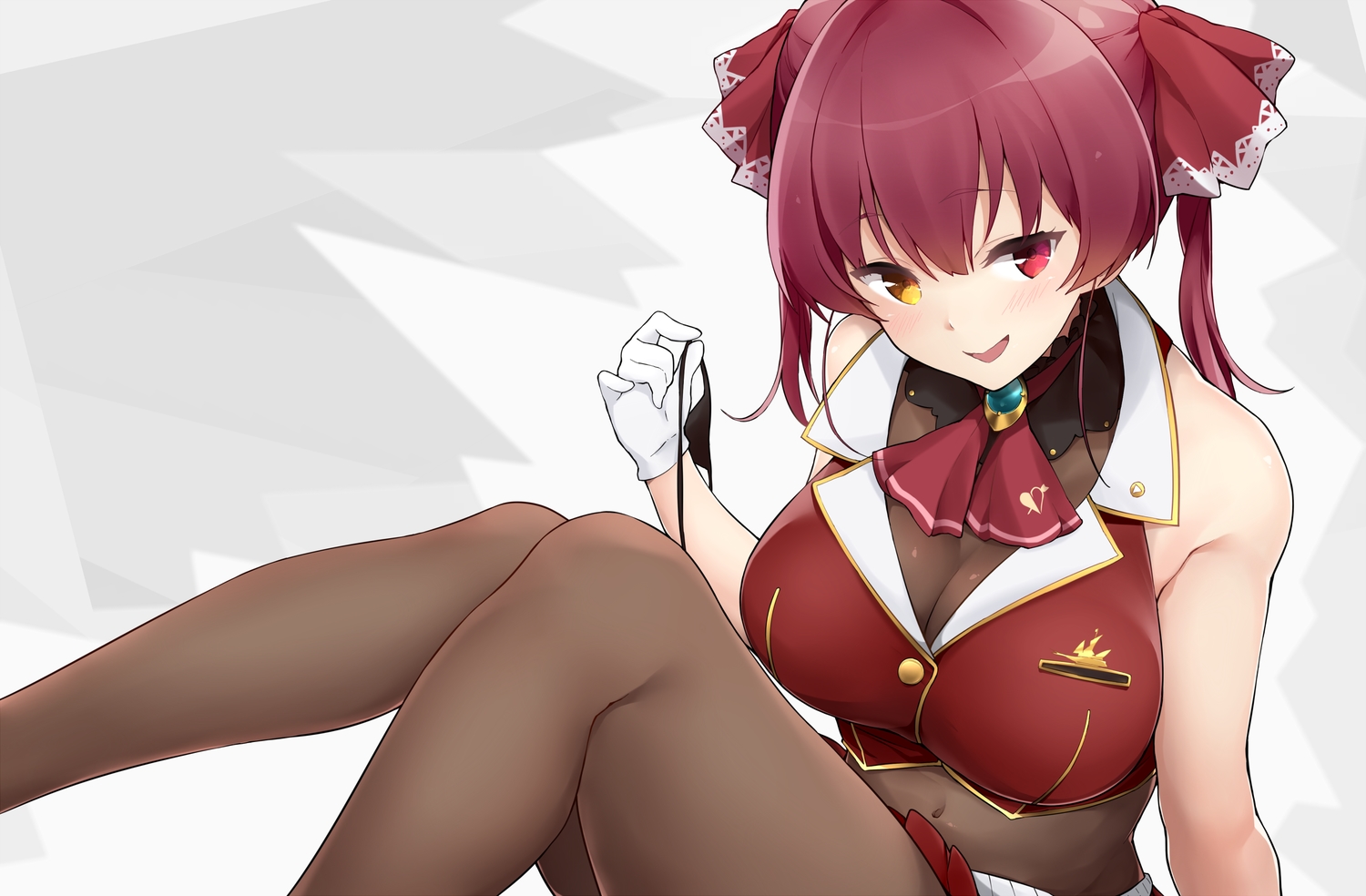 bicolored_eyes, blush, bodysuit, breasts, cleavage, eyepatch, gloves, hololive, houshou_marine, jampen, long_hair, pantyhose, purple_hair, skirt, twintails